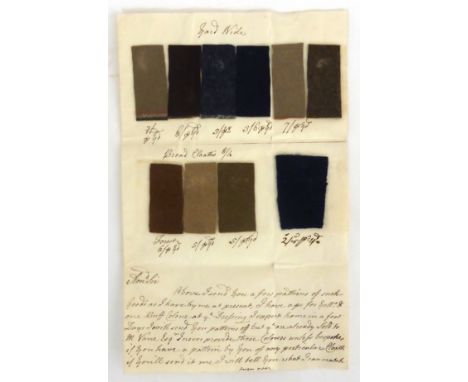 [Textiles] Hargreaves (R.)  Manuscript bifolium with 10 mounted and priced samples of cloth, as part of a letter dated 25th J