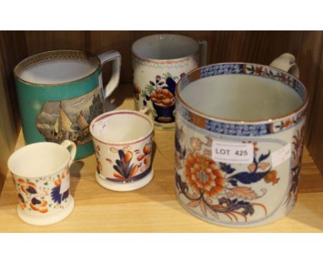 A large Spode stone ware tankard, painted and gilded with flowers in the Imari palette, 12cm high, together with a Pratt ware
