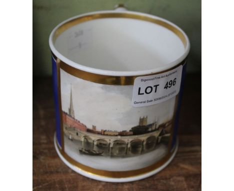 A 19th century porcelain tankard, having a hand painted panel, a scene of Worcester, depicting the bridge over the Severn,&nb