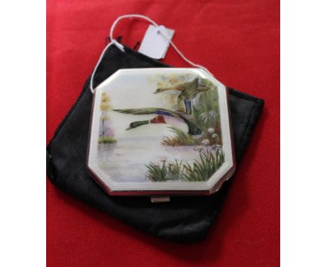 Silver & enamel compact, decorated with ducks condition: dirty marks and minor scratches if use to the enamel, all-over scrat