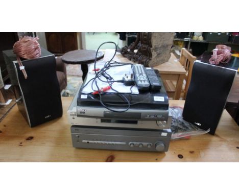 A component stereo system, comprising NAD C352 amplifier, Sony ST-SDB900 Tuner, Sony PS-LX56 turntable, a pair of AE Linear O
