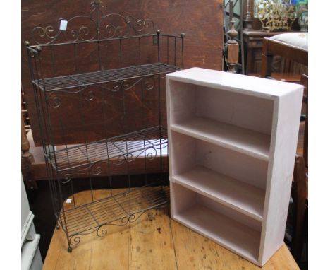 A small decorative wire display shelf unit, together with a wooden example