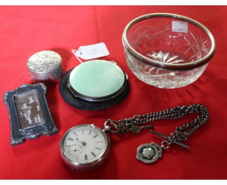 Silver pocket watch and chain, silver &amp; enamel compact, trinket box etc.
