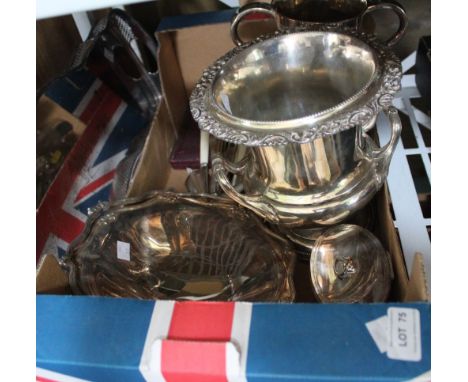 Silver plated champagne cooler, silver plated tea caddy, trophy, etc.