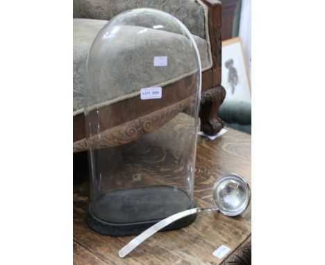 A glass dome, with ebonised base, dome size, aperture 23cm x 14cm, height 44cm, together with a plated ladle (2)