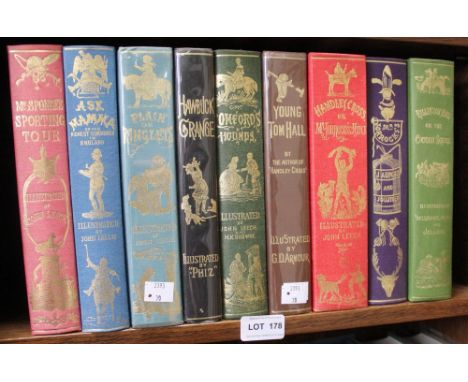 A shelf containing nine volumes of illustrated Hunting books published by The Surtees Society