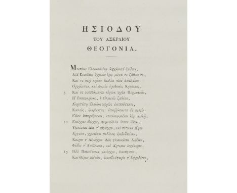 Bodoni.- Hesiod. Ta Euriskomena [graece]; Opera Omnia, edited and translated by Bernardo Zamagna, 2 parts in 1, half-title, 2