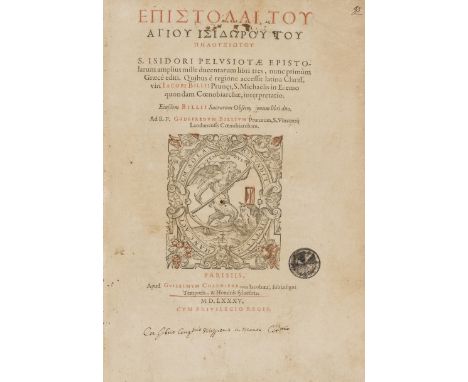 Isidorus Pelusiota. Epistolarum amplius mille ducentarum libri tres, 2 parts in 1, collation: †4 ††4 A-Z6 Aa-Zz6 Aaa6 Bbb4 A-