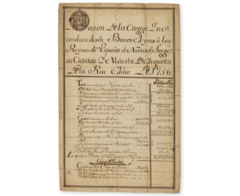 Tobacco.- Rea (Augustin de la, Captain and Master at Buenos Aires) Razon de la Cargoa que conduze desde Buenos Ayres â los Re