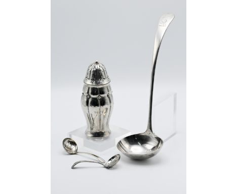 Silver plated ladle together with two caddy spoons and an Arts &amp; Crafts style Norwegian sugar caster marked to base 'Eval