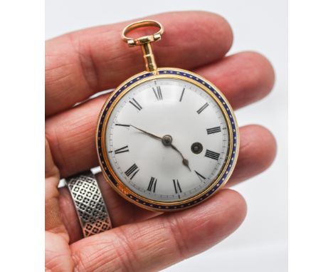 A Georgian gold and enamelled pocket watch, William Tarleton, Liverpool, with fusee verge movement signed, the dust cover sig