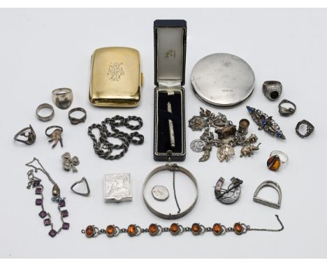 A mixed collection including a silver compact, silver costume jewellery, silver tooth pick, cased etc.