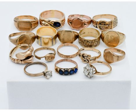 A collection of thirteen 9ct gold rings approx. 54.8g, together with one 18ct gold band ring approx. 8.5g, one 14k ring appro