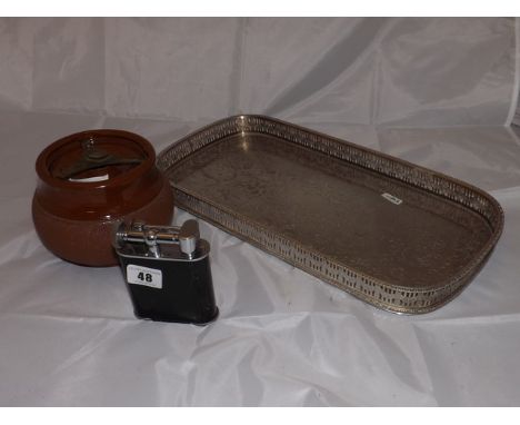 LARGE CIGARETTE LIGHTER, POTTERY TOBACCO JAR & SILVER PLATED TRAY EST [£20- £40] 