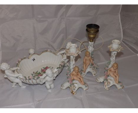 GEROLD - PORZELLAN BAVARIA COMPORT SUPPORTED BY 4 CHERUBS & MATCHING CANDLESTICKS & LAMP EST [£40- £60]