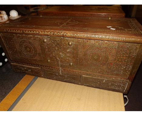 INDIAN STYLE GARMENT TRUNK EMBELLISHED WITH BRASS FRETWORK & 3 UNDER DRAWERS EST [£80- £140]