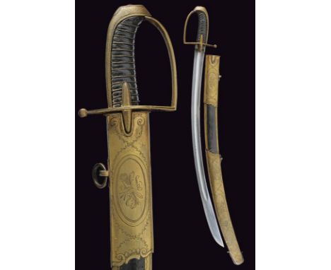 dating:  provenance: Europe, Heavy and wide, slightly curved, single-and-false-edged blade with wide fuller and tang. Brass h