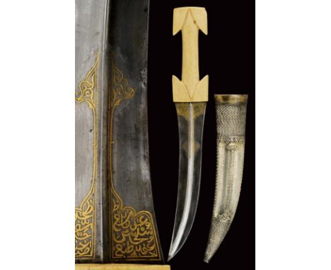 dating: 19th Century provenance: Turkey, Wide, long, curved, double-edged blade made of damask and with central rib. Gold-inl