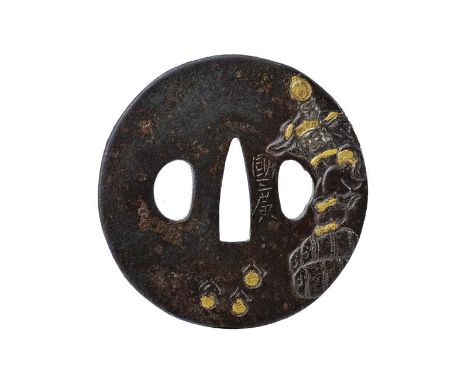 dating: Period (1603-1867) provenance: Japan, Made of iron, maru gata, niku bori with shakudo and gilding, kaku-mimi. The omo