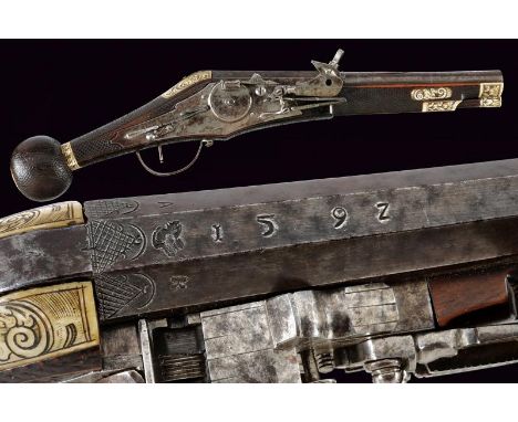 dating: 1592 provenance: Saxony, Smoothbore, two-stage, 16 mm cal. barrel, first octagonal with mark 'A', 'K', mark with a bi