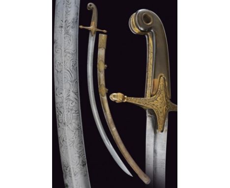 dating: 1830 provenance: Italy, Curved, single-and short false-edged blade with fuller. Engraved with trophies of arms set in