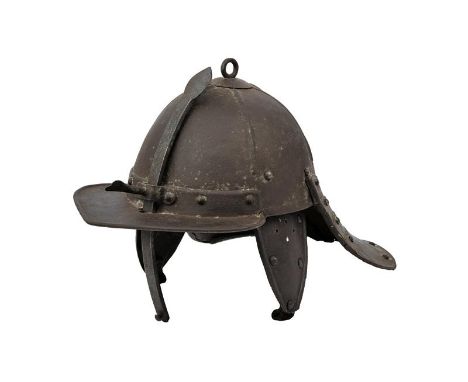 dating: About 1630 provenance: Northern Germany, Hemispherical iron cap with six fluted decorations, ring with round base, vi