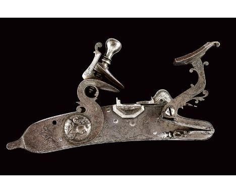 dating: 18th Century provenance: Brento, Finely engraved, long, flat lock plate with tang,  at the centre a lady with her dog