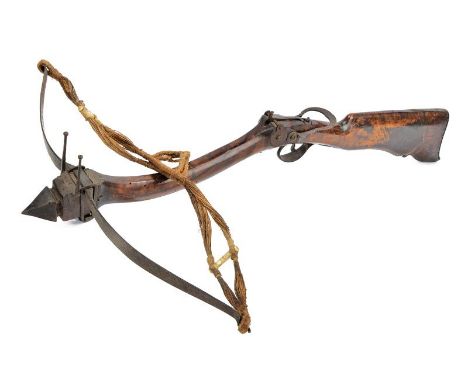 dating: 18th Century provenance: Italy, Arched wooden tiller with rifle butt. Iron bow and mounts. Complete with earlier rope