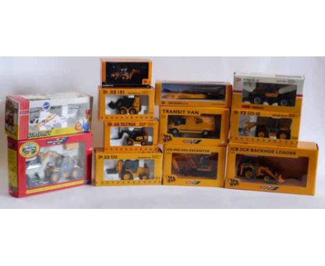 Twelve JCB Diecast diggers and vehicles, helicopter, Britains 526S loadall, compact Joal helicopter, Teletruk, a 930 Transit 