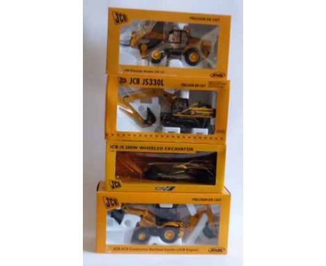 Boxed JCB diggers, telescopic hand lift (535-125), JS330L, 200W wheeled excavator and a 3CX contractor backhoe loader (JCB en