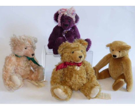 Four teddy bears two Steiff bears (005213 and 005022) Jac-Q-Lyn Sclhulte bear and a small purple bear. Condition report: see 