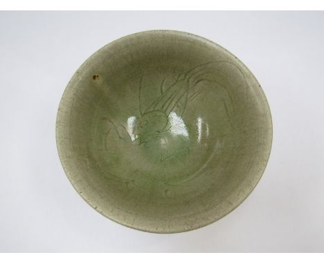 JIM MALONE (b.1946) A studio pottery bowl, celedon glaze with incised detail. Impressed seal 8cm x 15.5cm diameter 