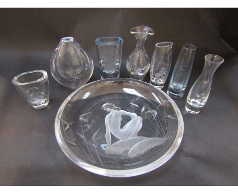 A collection of Scandinavian glass vases and dish, some etched with flowers and figures, orrefors tear shaped vase etc (8) 