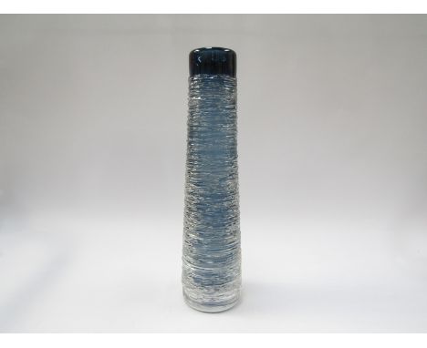 A Skruf glass tapering vase with spun clear threads over blue by Bengt Edenfalk, etched marks to base.  33.5cm high
