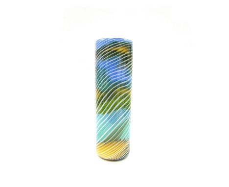 BENHAMIN FROST (XX/XX): A studio glass cylindrical vase with flashes of blue, turquoise and ochre and white spiral lines.  38