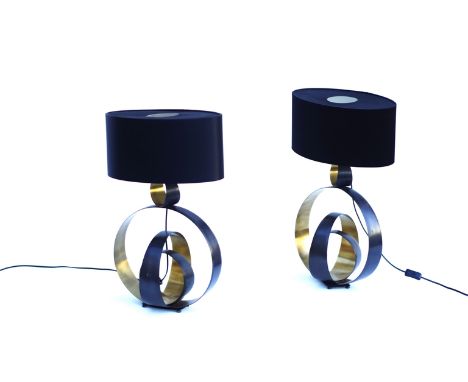 A pair of metal "hoop" table lamps by CTO lighting with black oval shades.  Overall height 66cm