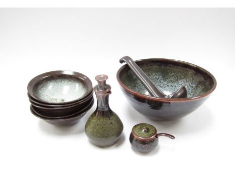 GLYNN HUGO (b.1934): Soup bowl, ladle, five bowls, a lidded mustard pot and spoon and a salad dressing bottle with lid
