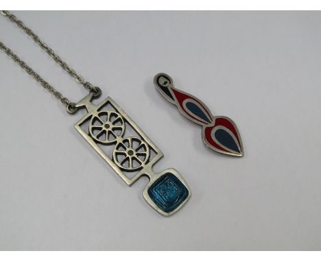 A Mexican silver and enamel brooch, a Swedish pewter and blue glass pendant, marked Sweden to reverse 