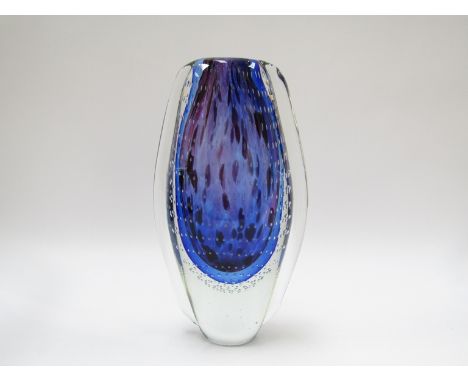 Studio glass vase - amethyst and blue interior with bubbles encased in clear glass, 31cm high 