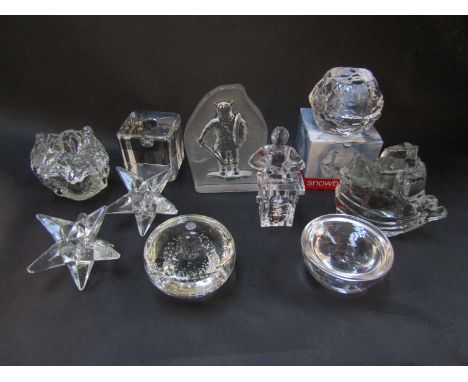 A collection of Scandinavian glass candle holders and paper weights including Orrefors (10) 