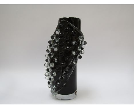 MIHAI TOPESCU (Romanian XX/XXI): An art glass cylindrical vase in black with clear wrap around panel of points. Etched signat