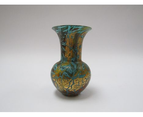 A Dartington Studio glass vase with gold fissure design on turquoise, 13.5cm high