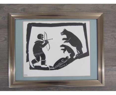 DAVIDIAFUK (1910-1976): Inuit artist from Povungnituk, Northern Quebec.  1960's framed and glazed stencil print of Hunting In