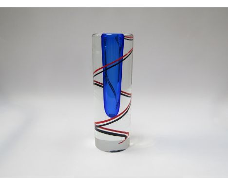 A Czech glass cylindrical vase, possibly by Pavel Hlava, blue well encased in clear with red and black spiral line detail. (C