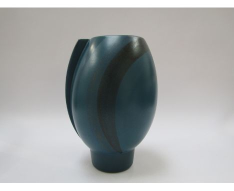 A KMK modernist ceramic cut avoid vase with pedestal base, blue glaze with diagonal lines in graduating colours, label to bas