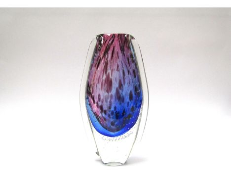 A glass vase, amethyst and blue interior with bubbles encased in clear, 31cm high