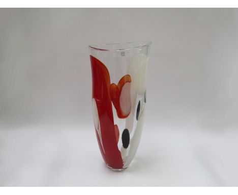 A Svaja Art glass tall vase in clear with encased forms in white, black and red. Etched signature and labelled, 51.5cm tall
