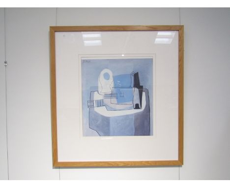 A large modern framed and glazed print after Picasso's Guitar, Bottle and Fruit Bowl. 58.5cm x 53cm
