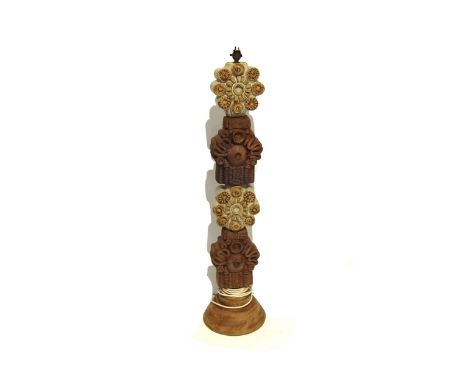 BERNARD ROOKE (b.1938) A studio pottery totem lamp of four abstract relief moulded forms and a base, total height 105cm