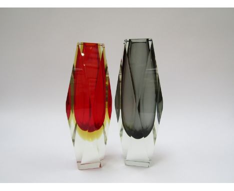 A Murano Sommerso facetted vase in red and amber, encased in clear and another smoked glass example, tallest 21cm 